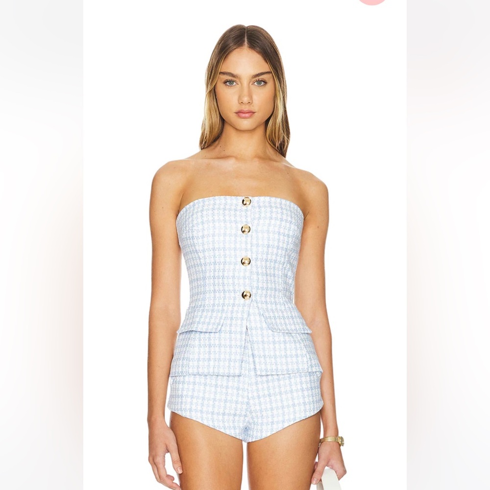 Amanda Uprichard Kourtney strapless top in blueberry tweed
